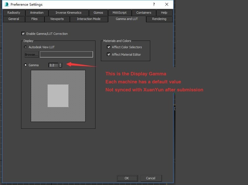 3ds Max Preference Settings Gamma and LUT panel, Display Gamma 2.2